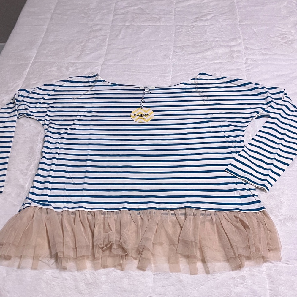 Hayden Blue and Beige Striped Long Sleeve Top